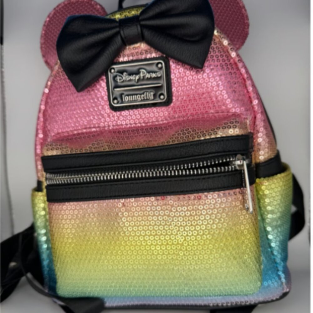 Disney Parks Loungefly Minnie Mouse Rainbow Sequin Mini Backpack Rare Collector